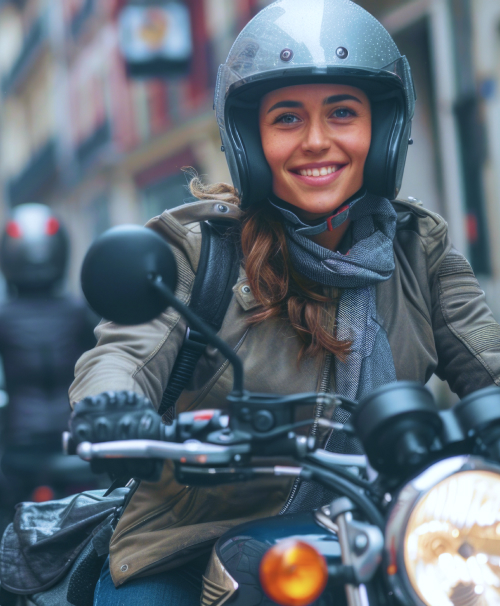 uma mulher em uma moto sorrindo